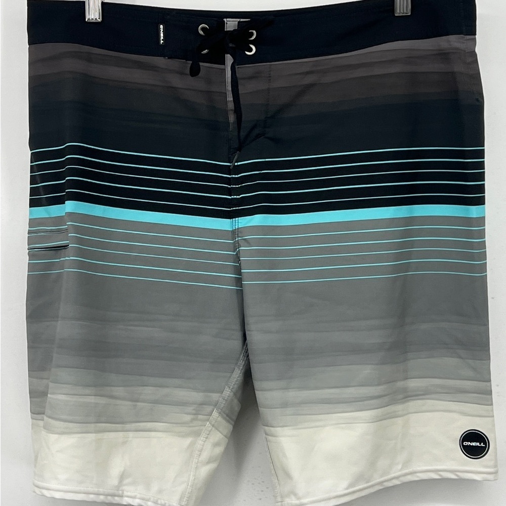 O'Neill Men Stripe Swim Surf Board Shorts Black Gray Stretch Hyperfreak EUC